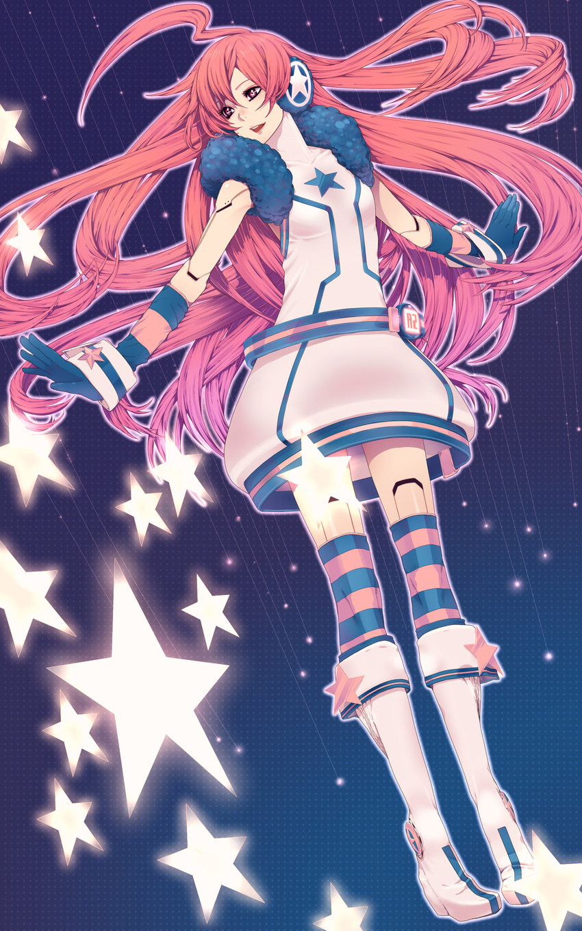 absurdres ahoge bad_id bad_pixiv_id belt boots dress gloves headphones highres kneehighs long_hair multicolored multicolored_clothes multicolored_legwear nayu red_eyes red_hair robot_joints sf-a2_miki smile socks solo star striped striped_gloves striped_legwear very_long_hair vocaloid wrist_cuffs