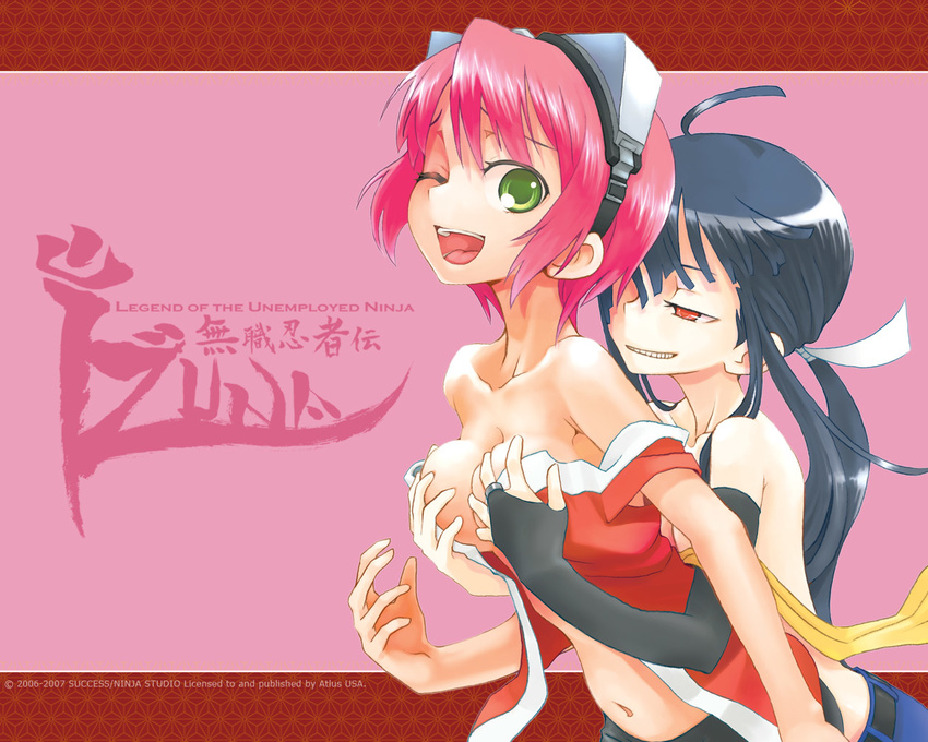 bad_id black_hair breast_grab breasts company_name copyright_name gouma_reifuden_izuna grabbing green_eyes grin izuna medium_breasts multiple_girls naughty_face ninja official_art one_eye_closed open_clothes open_shirt pink_hair ponytail red_eyes shino_(izuna) shirt short_hair smile wallpaper yoshida_on yuri