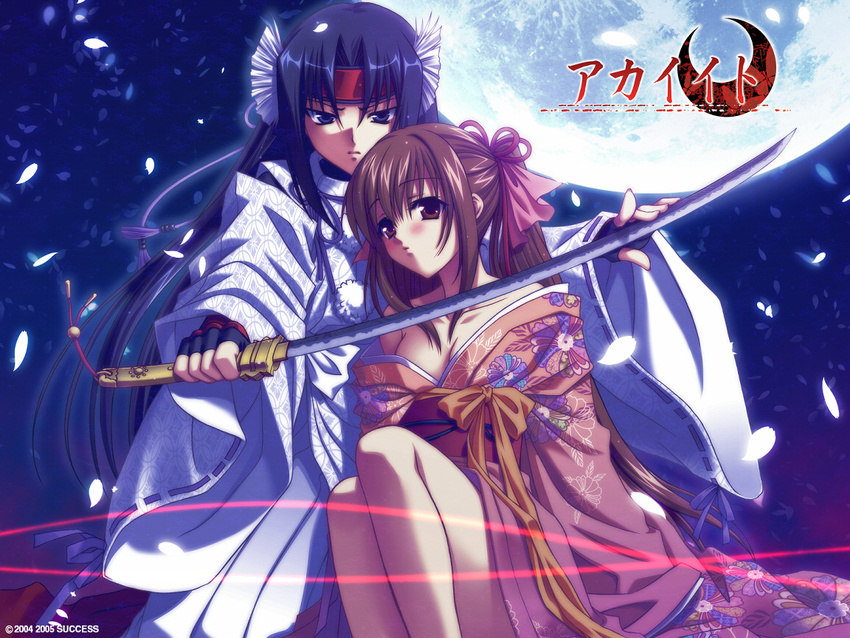 akai_ito bare_shoulders blue_eyes blue_hair blush breasts brown_eyes brown_hair cleavage fingerless_gloves floral_print gloves hatou_kei headband japanese_clothes katana kimono long_hair long_sleeves looking_at_viewer medium_breasts moon multiple_girls off_shoulder official_art petals ponytail protecting red_string senba_uzuki shippou_(pattern) string sword twintails undressing wallpaper weapon wide_sleeves yasaka_minato