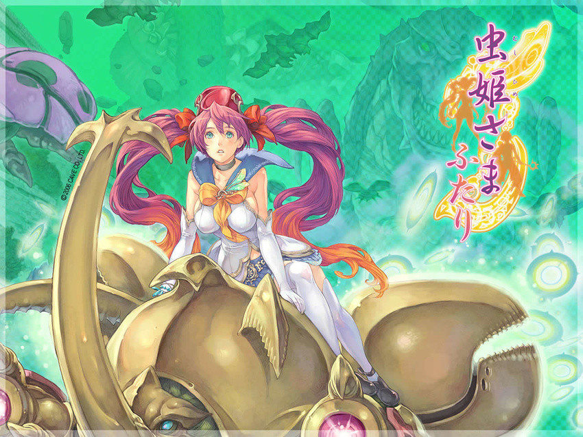 2006 aqua_eyes beetle blue_sailor_collar blue_skirt bow breasts bug choker copyright_name elbow_gloves gloves gradient_hair green_eyes haccan hair_bow hat headdress insect kiniro_(mushihime-sama) large_breasts logo long_hair multicolored_hair mushihime-sama mushihime-sama_futari official_art purple_hair reco sailor_collar skirt solo thighhighs twintails very_long_hair wallpaper white_legwear yellow_bow