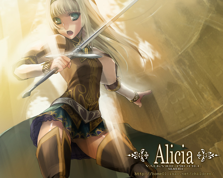 alicia_(valkyrie_profile_2) ass_visible_through_thighs blonde_hair blue_eyes boots character_name copyright_name hairband long_hair miniskirt overskirt puffy_sleeves skirt solo standing sword thigh_boots thighhighs thighs thomasz valkyrie_profile valkyrie_profile_2 wallpaper weapon zettai_ryouiki
