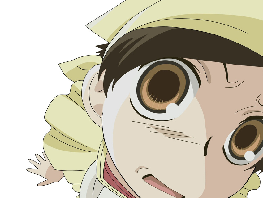 bandana brown_eyes brown_hair close-up from_above fujioka_haruhi furrowed_eyebrows looking_at_viewer looking_up ouran_high_school_host_club simple_background solo vector_trace wallpaper white_background