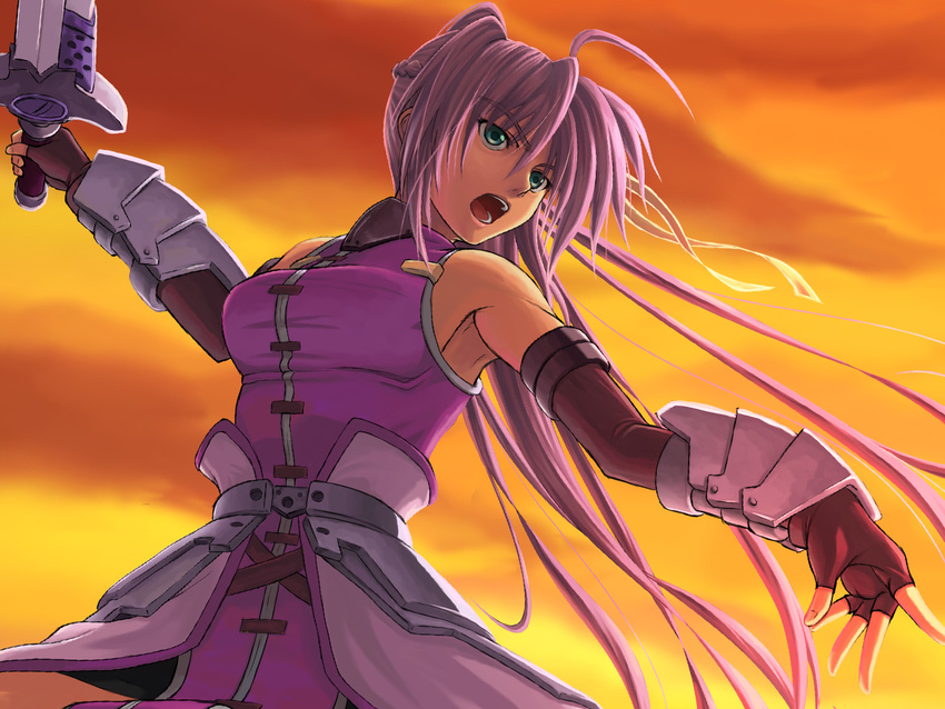 fingerless_gloves gloves levantine lyrical_nanoha magical_girl mahou_shoujo_lyrical_nanoha mahou_shoujo_lyrical_nanoha_a's nakayama_yukiji ponytail signum sky solo sword waist_cape wallpaper weapon