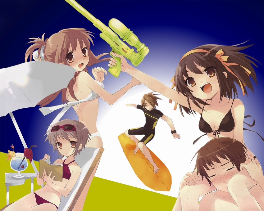 3girls :d ^_^ arm_up asahina_mikuru back bangs barefoot beach_umbrella bikini black_bikini black_bodysuit blue_background blush bodysuit book breasts brown_hair carrying chair cherry closed_eyes day drink drinking_straw eyewear_on_head flat_chest folded_ponytail food front-tie_bikini front-tie_top fruit gradient gradient_background grey_hair grin gun hair_ornament hair_ribbon hairband hairclip half_updo halterneck holding holding_book itou_noiji jpeg_artifacts koizumi_itsuki kyon long_hair looking_at_viewer looking_back lounge_chair multiple_boys multiple_girls nagato_yuki navel nose_blush official_art open_book open_mouth orange_eyes outstretched_arms reading reclining red_bikini ribbon short_hair shoulder_carry sitting small_breasts smile spiked_hair spread_arms star sunglasses surfboard surfing suzumiya_haruhi suzumiya_haruhi_no_yuuutsu swimsuit table tankini tears thigh_grab umbrella untied untied_bikini wallpaper wardrobe_malfunction water_gun weapon wetsuit white_bikini