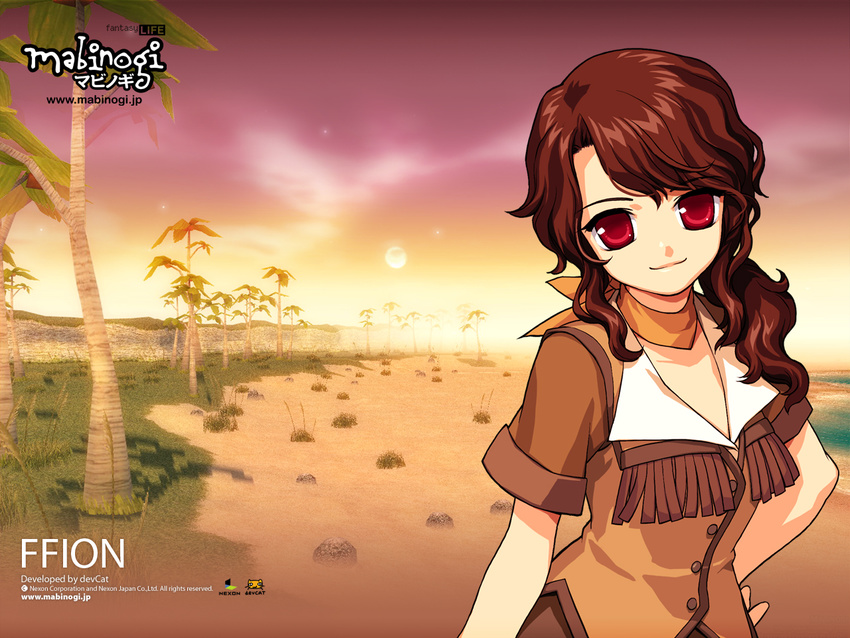 backlighting beach brown_hair brown_jacket ffion fringe_trim hand_on_hip head_tilt jacket looking_at_viewer mabinogi ponytail red_eyes sand scarf shore short_sleeves solo sun sunlight upper_body wallpaper water