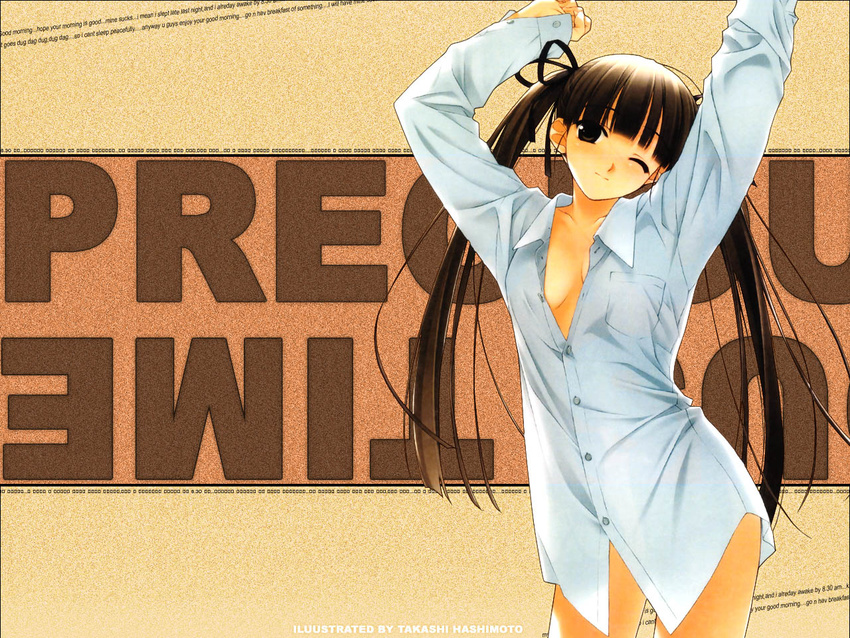 arms_up bow breasts brown_eyes brown_hair cleavage copyright_request dress_shirt hair_bow hashimoto_takashi long_hair one_eye_closed open_clothes open_shirt oversized_clothes shirt sleepy small_breasts solo twintails wallpaper