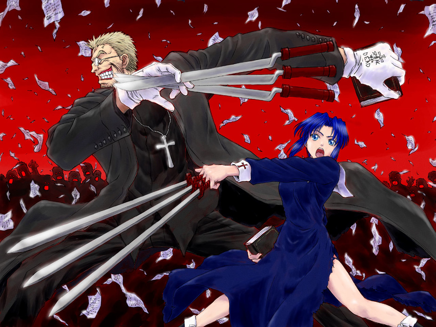 1girl alexander_anderson beard between_fingers black_keys blonde_hair blue_eyes blue_hair book buttons cassock ciel clenched_teeth cross cross_necklace cross_patty crossover crowd english facial_hair flying_paper glasses gloves grin habit hellsing holding holding_book iga_tomoteru jewelry latin_cross long_sleeves melty_blood necklace opaque_glasses open_clothes open_mouth paper short_hair skirt smile sword teeth tsukihime type-moon wallpaper weapon weapon_connection white_gloves white_legwear