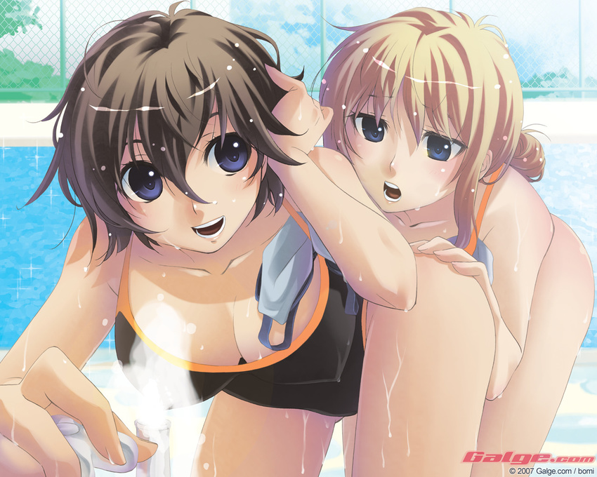 :d :o adjusting_hair ass ass_grab bangs bent_over blonde_hair blue_eyes blush bob_cut bomi breasts brown_hair chain-link_fence cleavage cloud competition_swimsuit covered_nipples day downblouse drinking_fountain fence fingernails foreshortening galge.com goggles grabbing_another's_ass groping hair_up large_breasts long_fingernails multiple_girls naughty_face one-piece_swimsuit open_mouth outdoors parted_bangs pool poolside short_hair sidelocks sky smile sparkle swim_cap swimsuit wallpaper water wet wet_clothes yuri