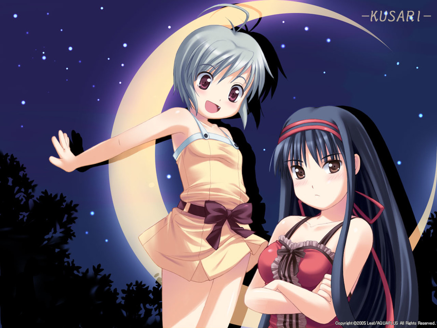 ahoge artist_request ayanobe_karen ayanobe_tamami bare_shoulders black_hair blush bow brown_eyes child crescent_moon crossed_arms dress drop_shadow fang frills hairband kusari long_hair moon multiple_girls night night_sky official_art open_mouth outdoors outstretched_arms purple_eyes ribbon short_hair siblings silver_hair sisters sky smile spread_arms star star_(sky) starry_moon starry_sky wallpaper