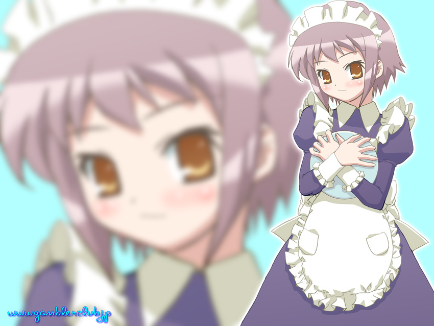 bangs gambler_club highres long_sleeves maid nagato_yuki short_hair solo suzumiya_haruhi_no_yuuutsu wallpaper zoom_layer