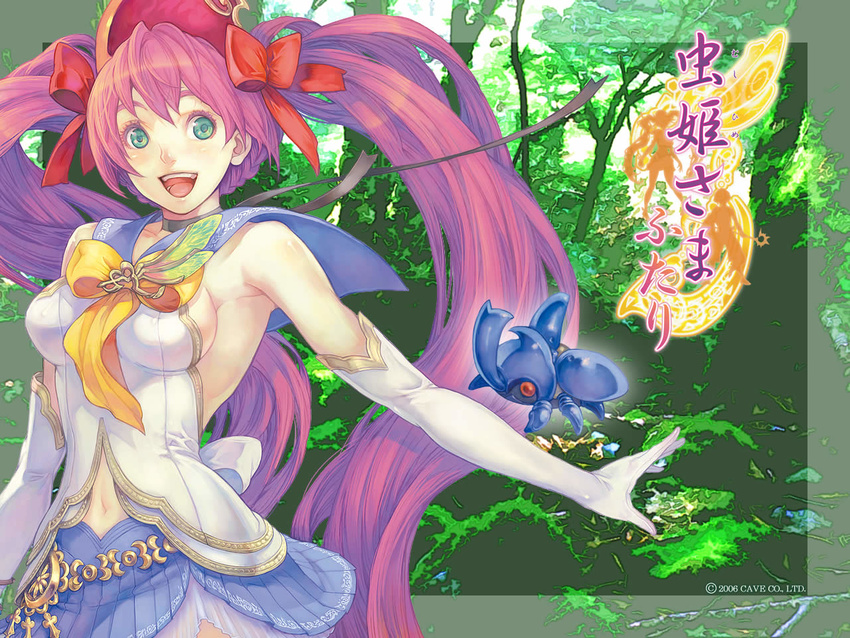 armpits beetle blue_eyes blue_sailor_collar blue_skirt bow breasts bug choker copyright_name elbow_gloves gloves haccan hair_bow happy headdress insect logo long_hair medium_breasts mushihime-sama mushihime-sama_futari navel official_art open_mouth purple_hair reco red_eyes sailor_collar sideboob skirt solo twintails very_long_hair wallpaper yellow_bow