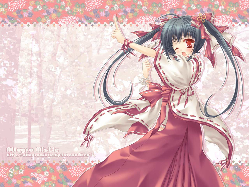 copyright_request hakama japanese_clothes long_sleeves miko red_hakama solo takano_yuki_(allegro_mistic) twintails wallpaper