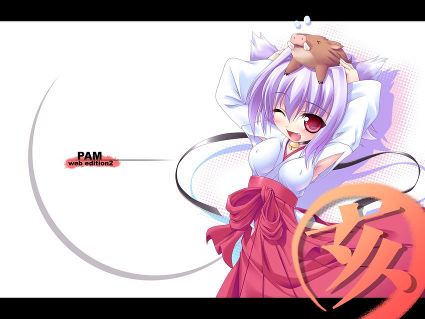 animal_ears breasts cat_ears covered_nipples hakama happy highres japanese_clothes medium_breasts miko original red_hakama smile solo tachibana_surimu wallpaper