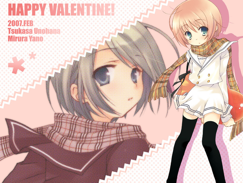 copyright_request happy_valentine highres miniskirt multiple_girls plaid plaid_scarf scarf school_uniform skirt thighhighs unohana_tsukasa valentine wallpaper yano_mirura zettai_ryouiki