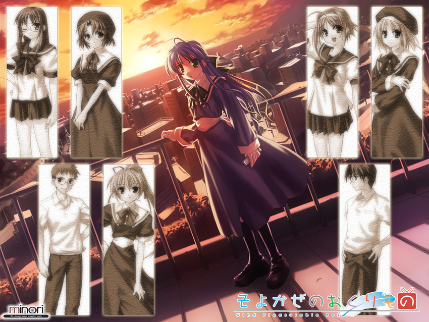 6+girls backlighting black_dress blush cityscape dress dutch_angle fujimiya_nozomi fujimiya_wakaba full_body long_hair long_sleeves looking_at_viewer monochrome multiple_boys multiple_girls narukaze_minamo okano_hinata okano_makoto outdoors purple_hair school_uniform shikouin_kasumi smile standing sunlight sunset tachibana_tsutomu tsukishiro_hikari wallpaper wind_a_breath_of_heart yuuki_tatsuya