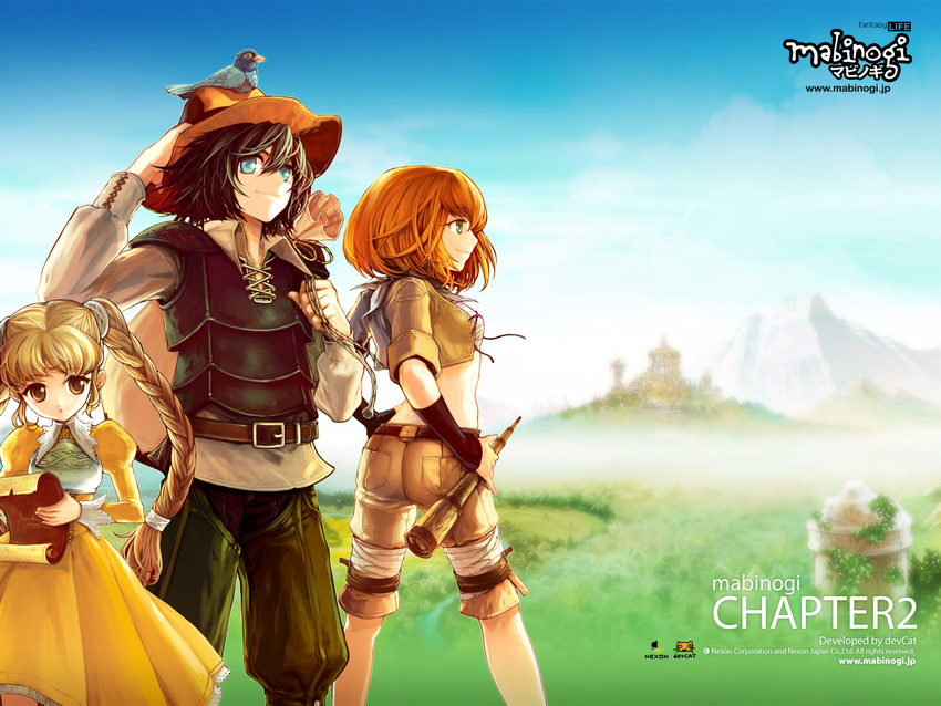 2girls animal animal_on_head artist_request bandages belt bird bird_on_head black_hair blonde_hair blue_eyes braid brown_eyes character_request child crop_top day detached_sleeves dress grass hands_on_hips hat highres long_hair mabinogi midriff mountain multiple_girls object_on_head official_art on_head orange_hair outdoors paper sack short_hair shorts silver_eyes sky smile telescope twin_braids wallpaper