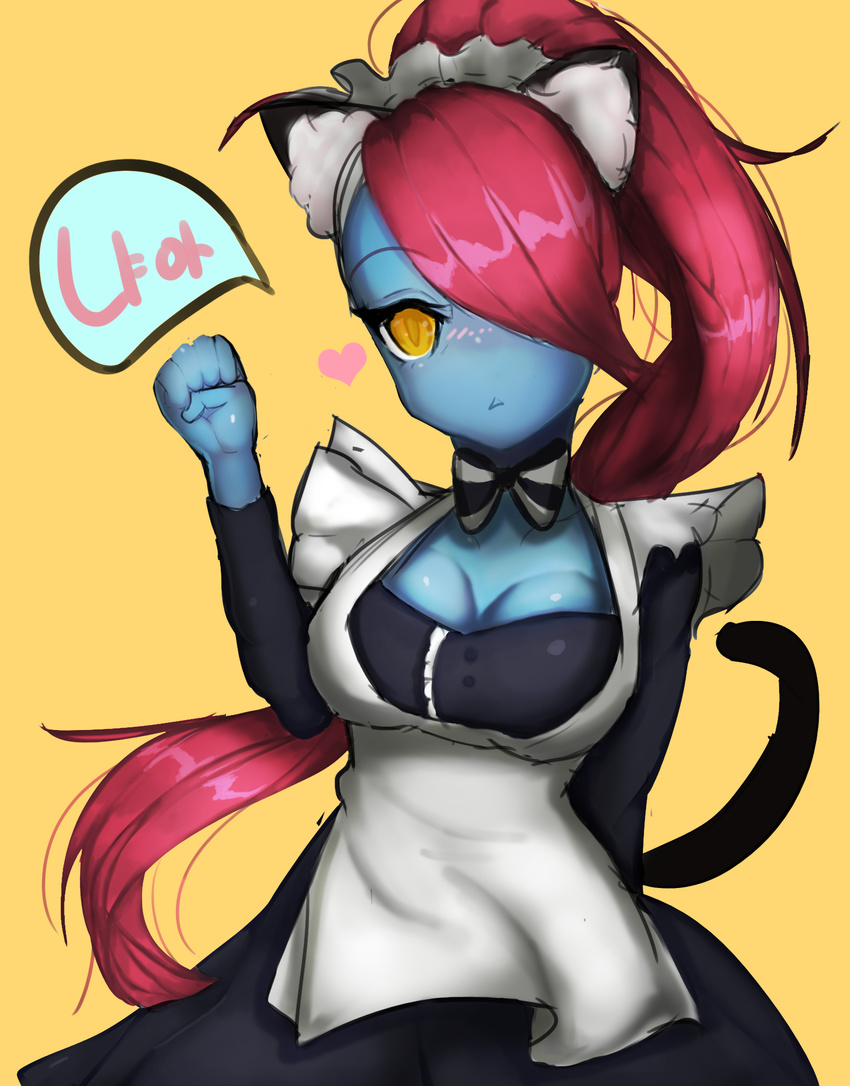 1girl apron blue_skin blush breasts cat_ears cleavage hair_over_one_eye maid_uniform red_hair solo tail undertale undyne yellow_eyes