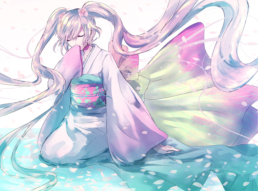 alicetype closed_eyes floating_hair flower hair_flower hair_ornament hatsune_miku highres japanese_clothes kimono long_hair obi sash sitting solo twintails very_long_hair vocaloid