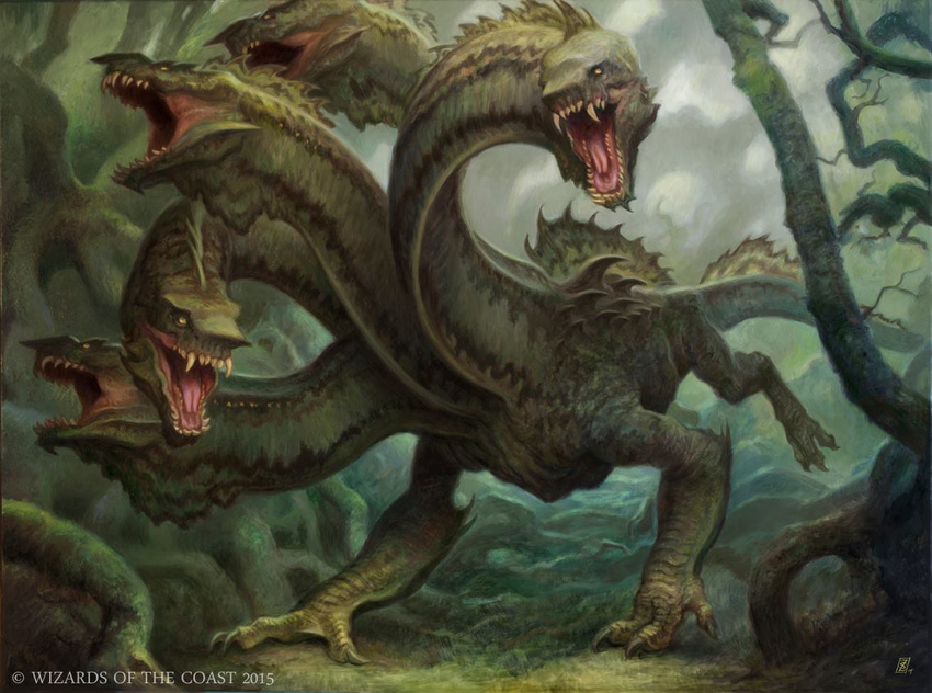 ambiguous_gender atmospheric_perspective copyright feral forest front_view green_theme hydra long_neck magic_the_gathering multi_head official_art open_mouth outside quadruped roaring running sharp_fangs signature snarling tree zack_stella