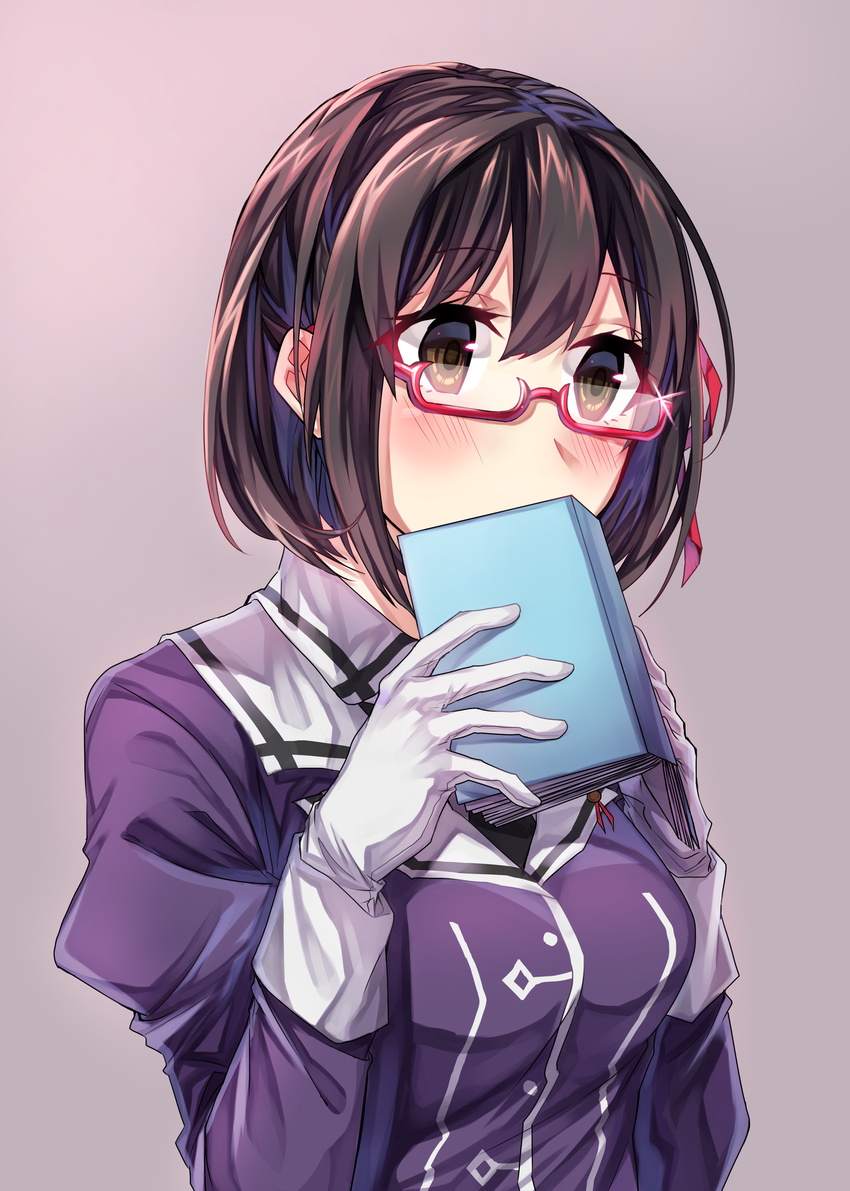 absurdres bespectacled betti_(maron) black_hair blush book book_to_mouth breasts brown_eyes covering_mouth glasses gloves haguro_(kantai_collection) hair_ornament highres holding holding_book kantai_collection long_sleeves medium_breasts puffy_long_sleeves puffy_sleeves red-framed_eyewear remodel_(kantai_collection) semi-rimless_eyewear short_hair simple_background solo sparkle under-rim_eyewear uniform upper_body white_gloves