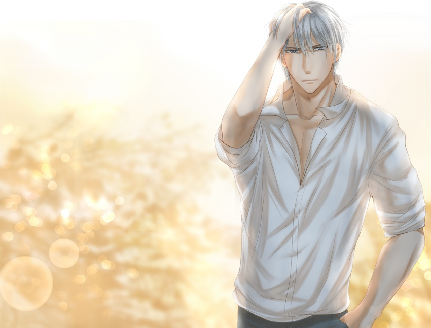 1boy blurry blurry_background collarbone dress_shirt grey_hair hand_in_hair hand_up izumi_(stardustalone) lens_flare looking_at_viewer male_focus original shirt silver_hair simple_background standing thumb_in_pocket white_shirt