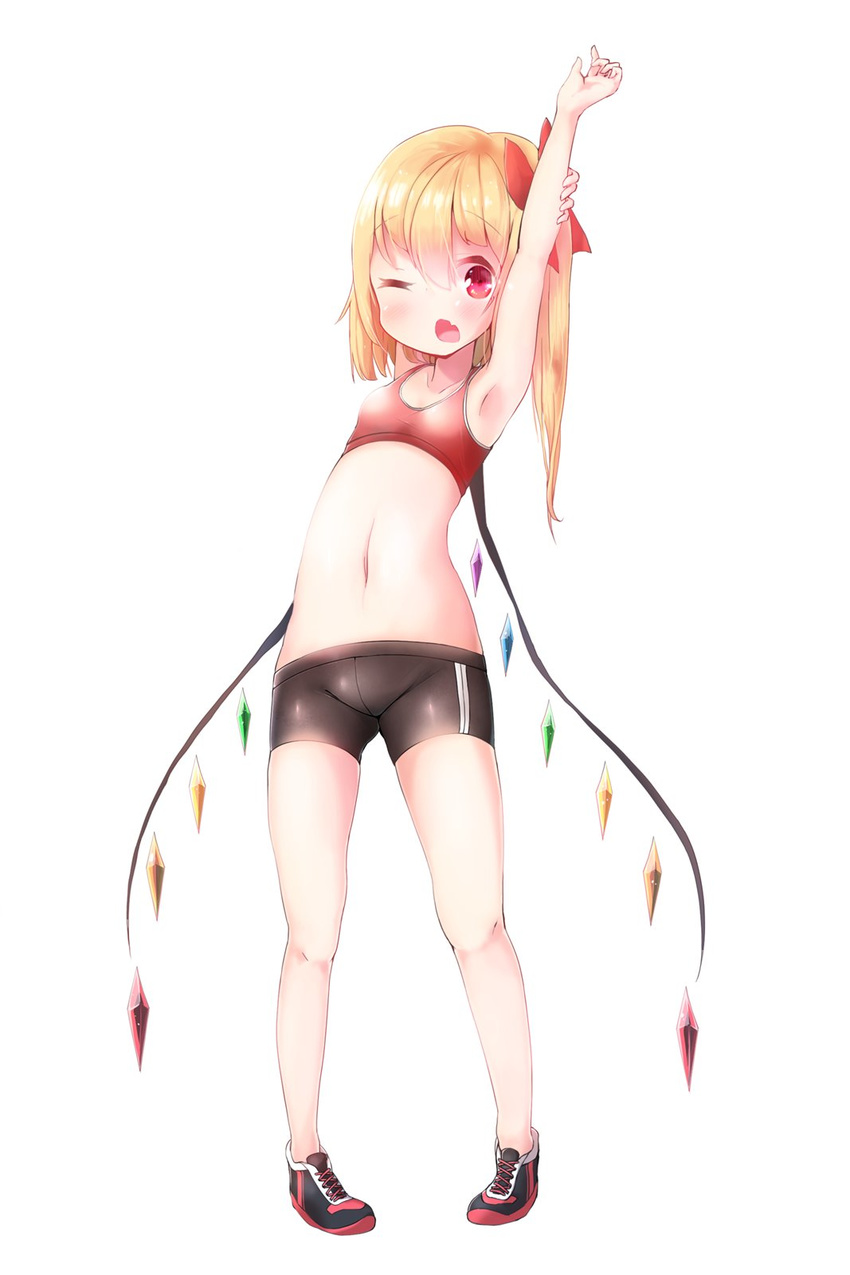 akisha arm_grab armpits arms_up bad_id bad_twitter_id bike_shorts blonde_hair flandre_scarlet full_body hair_ribbon highres looking_at_viewer navel one_eye_closed red_eyes red_ribbon ribbon shoes side_ponytail simple_background skindentation solo sports_bra standing touhou white_background wings