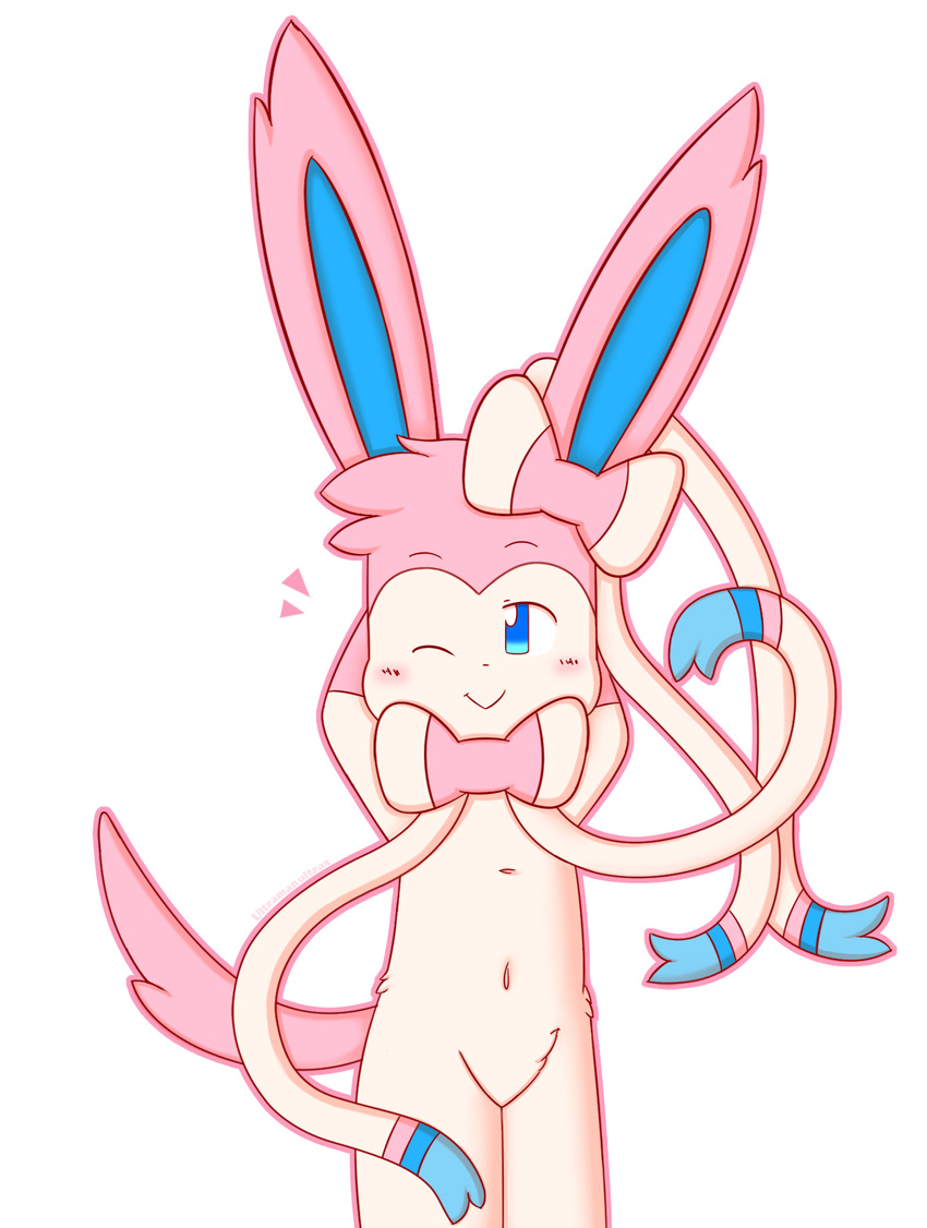 anthro blue_eyes blush bow eeveelution fur nintendo one_eye_closed pok&eacute;mon ribbons simple_background smile solo stretching sylveon ultramanultrax video_games