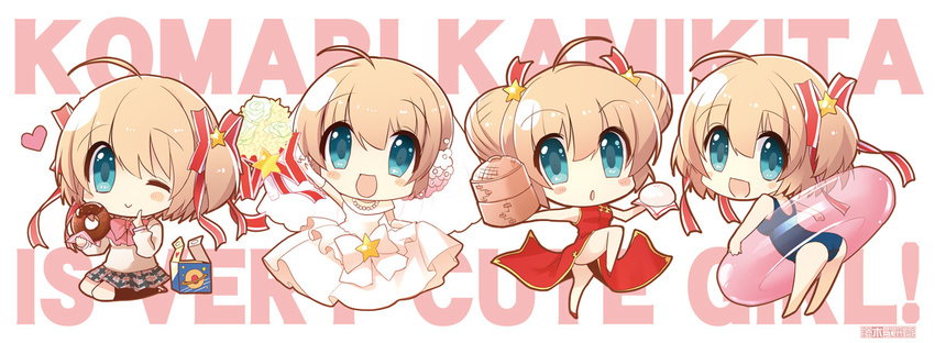 bamboo_steamer blonde_hair bouquet chibi china_dress chinese_clothes double_bun doughnut dress flower food green_eyes innertube kamikita_komari little_busters! multiple_girls multiple_persona remotaro school_swimsuit school_uniform short_hair swimsuit twintails two_side_up wedding_dress