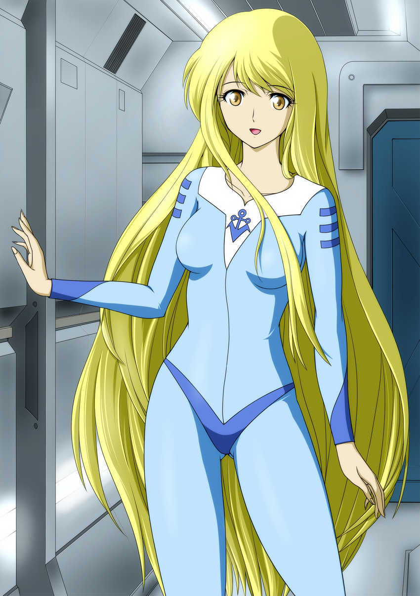 absurdres blonde_hair bodysuit breasts brown_hair collarbone highres impossible_bodysuit impossible_clothes interior kodai_sasha long_hair medium_breasts memory_(prophet5) open_mouth skin_tight smile solo uchuu_senkan_yamato very_long_hair