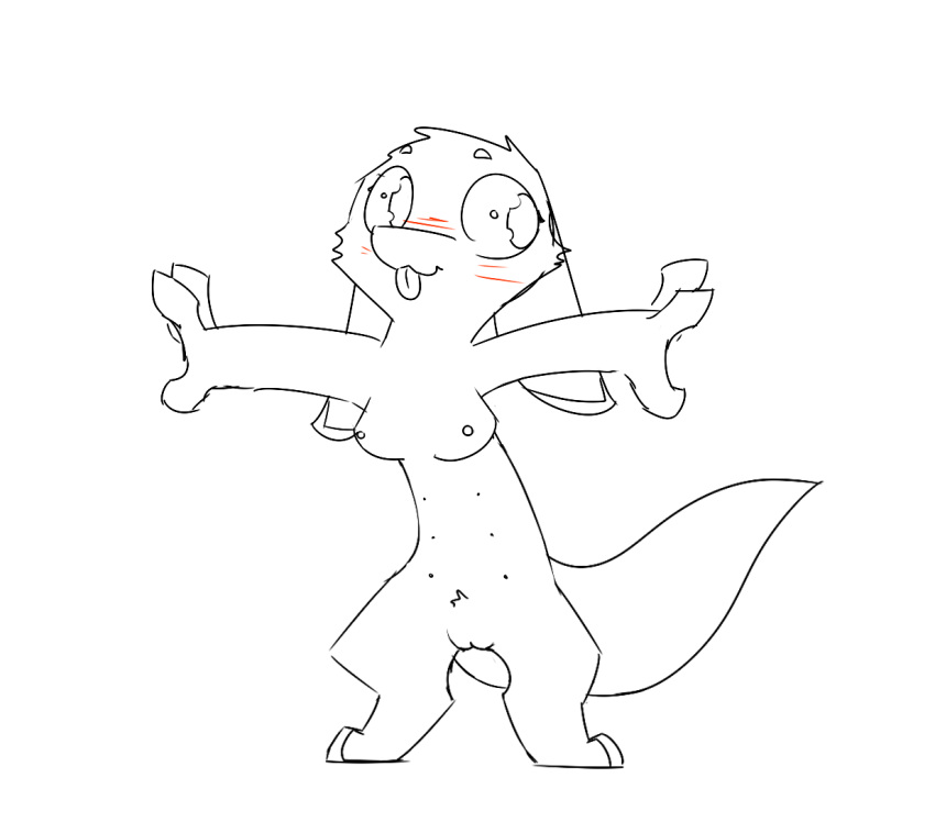 2_toes 4_fingers anthro aquestionableponyblog arms_out big_eyes blep blush breasts crotch_tuft digitigrade eyebrows female floppy_ears fur hybrid long_body long_ears looking_aside lop_eared mammal nipples nude pussy simple_background sketch small_breasts solo spread_legs spreading standing tapering_tail teats toes tongue tongue_out unknown_species unusual_pupils white_background