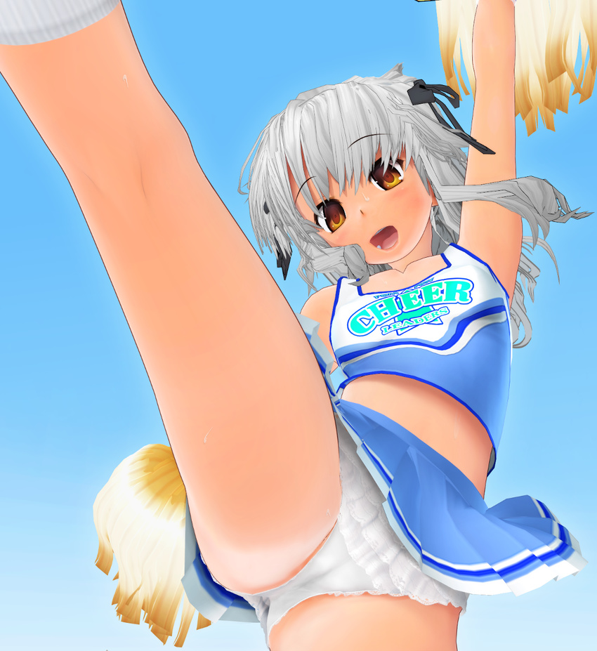 3d 3d_custom_girl ass bare_midriff blue_background cameltoe cheerleader gradient_background hair_ornament lace lace_panties leg_up looking_at_viewer miniskirt open_mouth original panties pleated_skirt pom_poms shiny_hair silver_hair simple_background skirt solo spread_legs taii tanline tongue upskirt white_panties