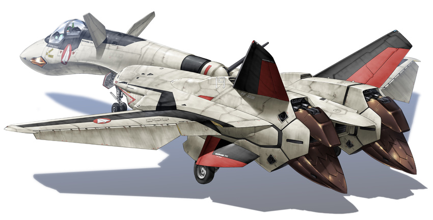 aircraft airplane byeontae_jagga canards commentary_request emblem highres isamu_dyson jet landing_gear macross macross_plus mecha realistic science_fiction shadow simple_background u.n._spacy variable_fighter white_background yf-19