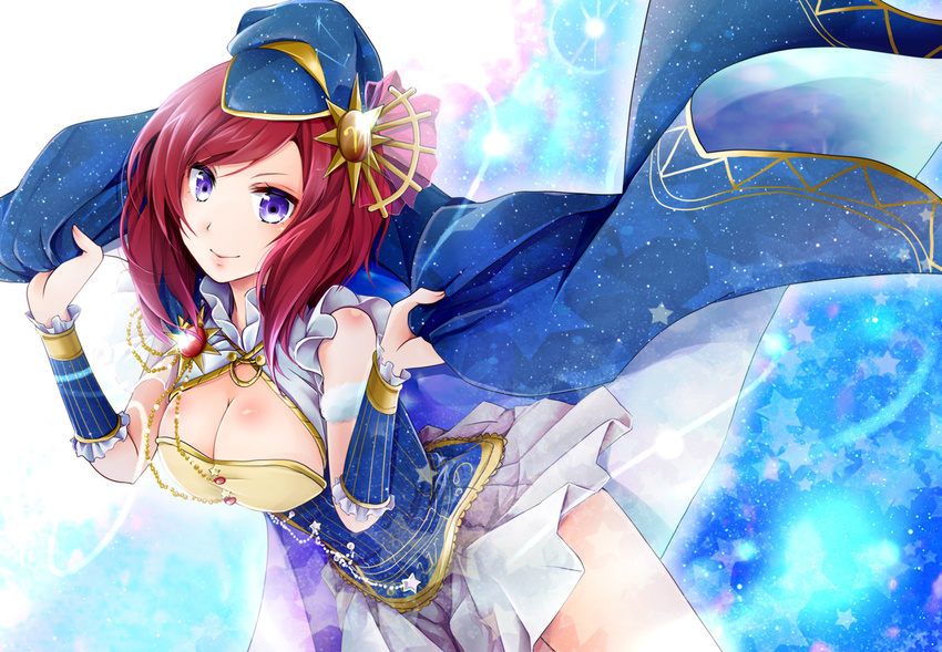 akatsuki_hijiri arm_strap armband bangs blue_background blush breasts cape cleavage constellation constellation_costume corset cowboy_shot dress dress_lift frills fur_trim hair_ornament hands_up hat holding jewelry large_breasts lens_flare looking_at_viewer love_live!_school_idol_project nishikino_maki okatsukisei pleated_dress print_hat purple_eyes red_hair smile solo sparkle star starry_background starry_sky_print sun_(symbol)