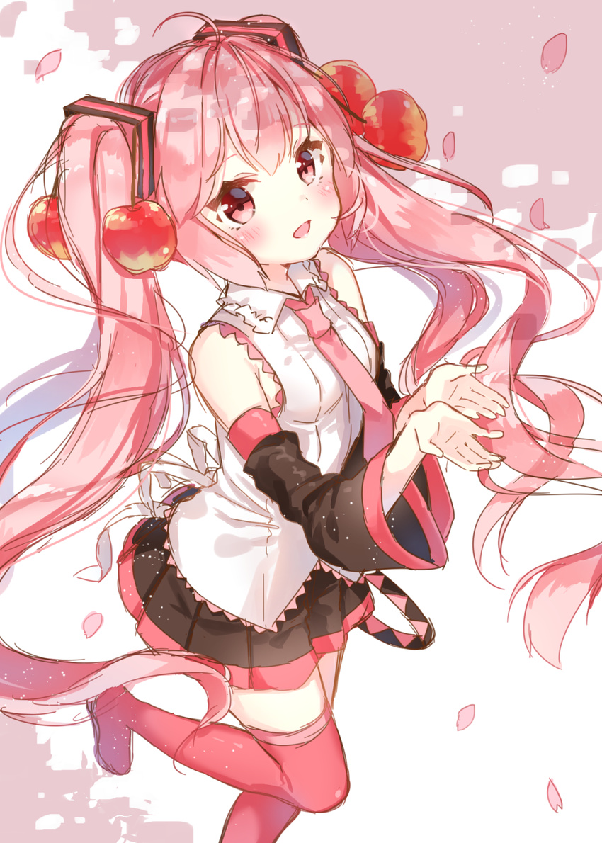 ahoge apple_hair_ornament blush detached_sleeves food_themed_hair_ornament hair_ornament hatsune_miku highres jimmy long_hair necktie open_mouth petals pink_eyes pink_hair pink_legwear pink_neckwear pleated_skirt sakura_miku sketch skirt solo thighhighs twintails very_long_hair vocaloid