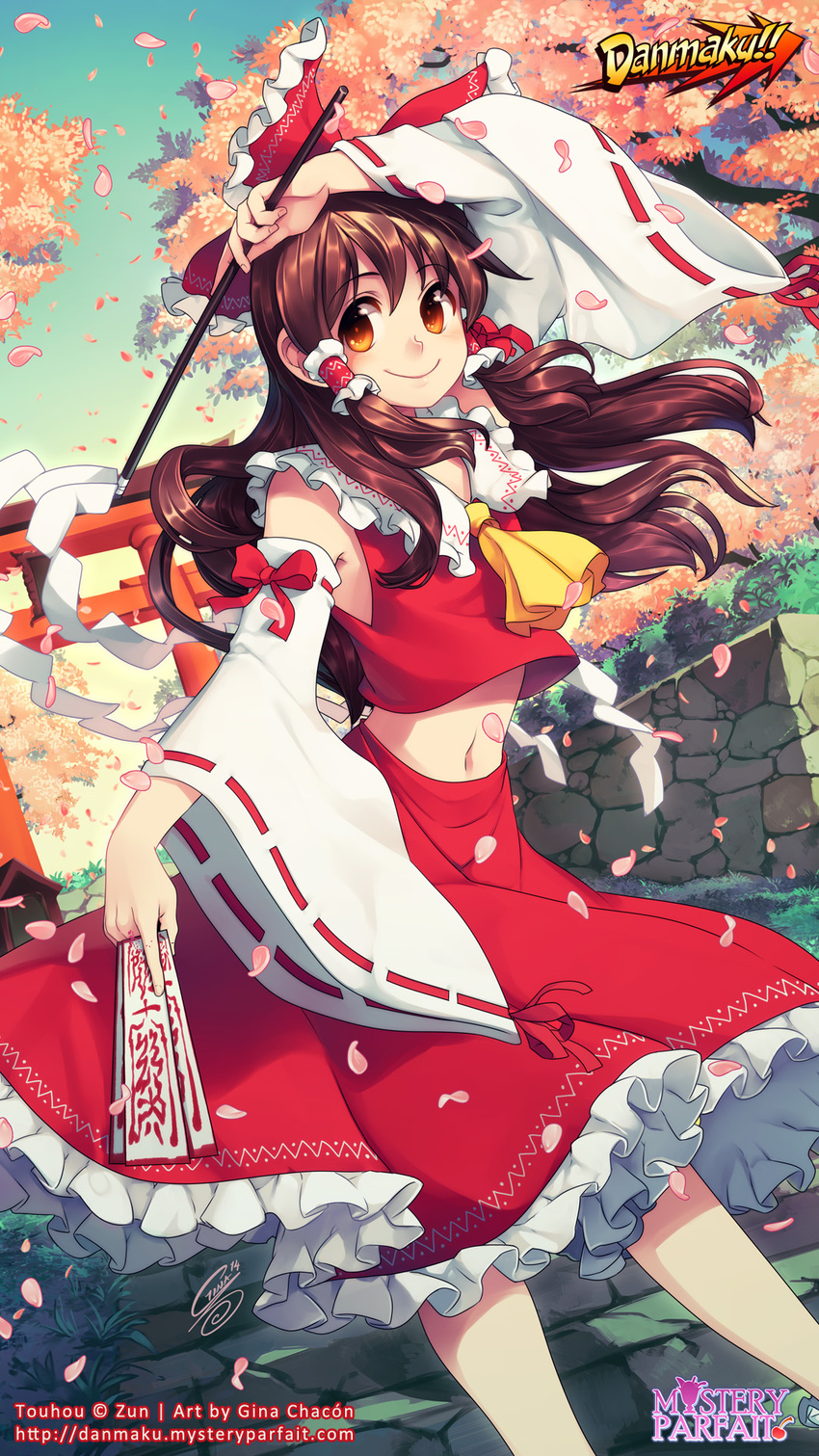 bow brown_eyes brown_hair cherry_blossoms commentary crop_top danmaku!! detached_sleeves flat_chest frills gina_chacon gohei hair_bow hair_tubes hakurei_reimu highres midriff navel ofuda petals red_bow sidelocks skirt smile solo torii touhou watermark web_address wide_sleeves