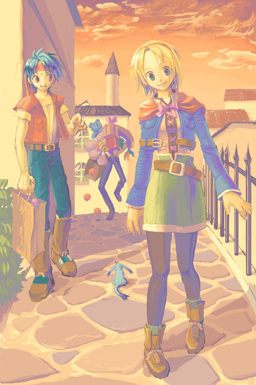 2boys ahoge belt blonde_hair blue_hair brown_eyes cecilia_lynne_adelhyde coat denim gloves green_eyes hairband headband highres jack_van_burace jeans jewelry long_hair multiple_boys open_mouth pants pantyhose rody_roughnight shirt short_hair smile umiheki wild_arms wild_arms_1