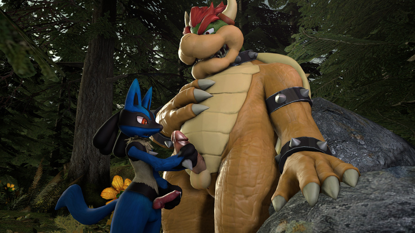 3d_(artwork) canine crossover digital_media_(artwork) duo erection fearsfortears forest fur general: hi_res horn interspecies jackal koopa lucario male male/male mammal mario_bros ninendo nintendo pok&eacute;mon reptile scalie size_difference source_filmmaker species: spikes standing tree turtle video_games