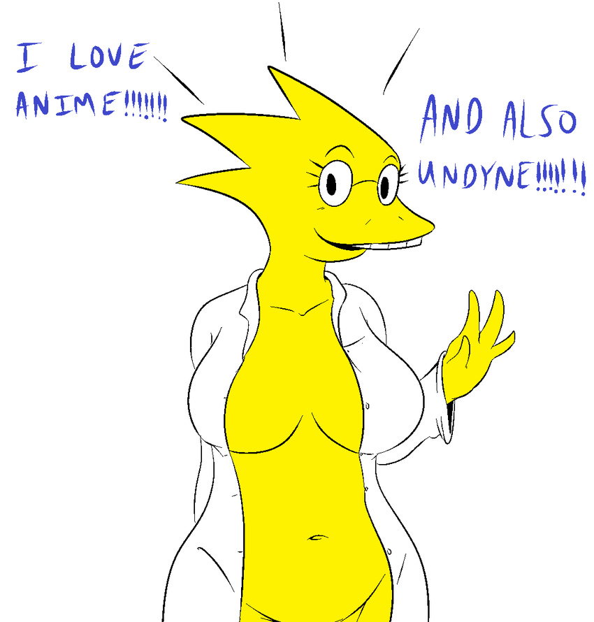 alphys big_breasts breasts davidsanchan dialogue english_text eyewear female glasses lab_coat scalie solo text undertale video_games yellow_body