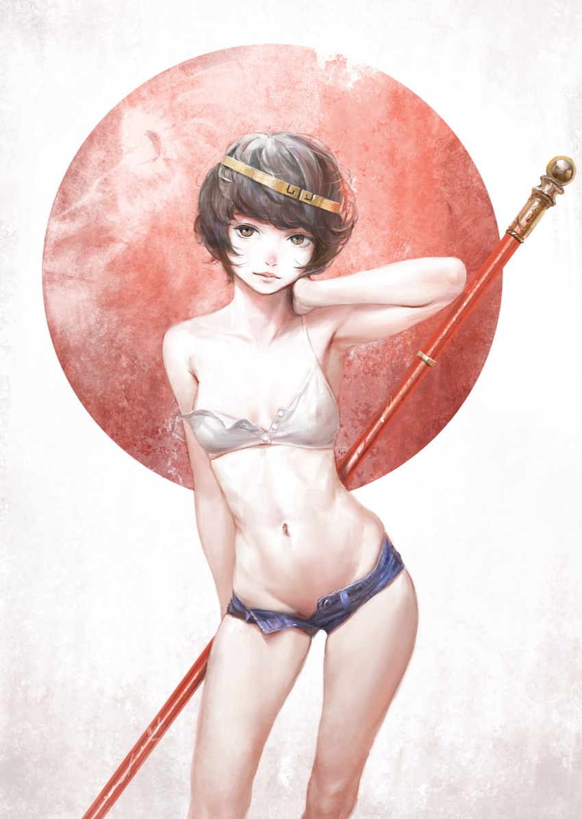 arm_at_side bob_cut bra breasts brown_eyes brown_hair circlet cleavage contrapposto denim denim_shorts expressionless flag_background flagpole genderswap genderswap_(mtf) hand_on_own_neck highres hip_bones japanese_flag journey_to_the_west lips looking_at_viewer nababa navel no_shirt nopan open_fly red_sun ruyi_jingu_bang short_hair short_shorts shorts small_breasts solo strap_slip sun_wukong unbuttoned underwear very_short_hair weapon white_bra
