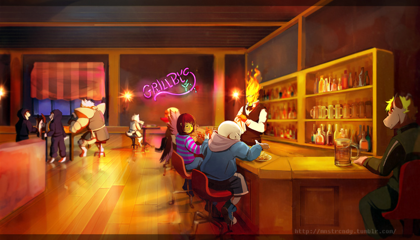 2boys alcohol androgynous armor axe bow bowtie brown_hair closed_eyes collared_shirt creature denim dog dogamy dogaressa elemental_(creature) eyes_closed flame french_fries frisk_(undertale) glasses greater_dog grillby grin hood hoodie interior jazzycat jeans jitome ketchup_bottle lesser_dog monster multiple_boys napkin neon_lights pants reflection sans shirt shoes shorts skeleton smile sneakers striped striped_shirt undertale vest watermark weapon web_address
