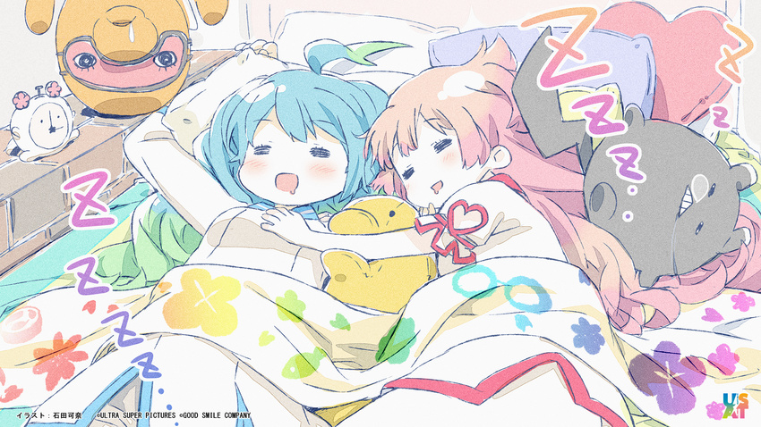 2girls :d =_= ahoge alarm_clock alternate_hairstyle aqua_hair artist_name blush clock company_name drooling end_card hair_down hand_on_another's_chest hand_on_another's_chest heart_cutout highres ishida_kana long_hair lying multicolored_hair multiple_girls nose_bubble on_back on_side open_mouth pajamas pillow red_hair sleep_mask sleeping smile sumako_(ultra_super_anime_time) supika_(ultra_super_anime_time) two-tone_hair ultra_super_anime_time under_covers wallpaper zzz