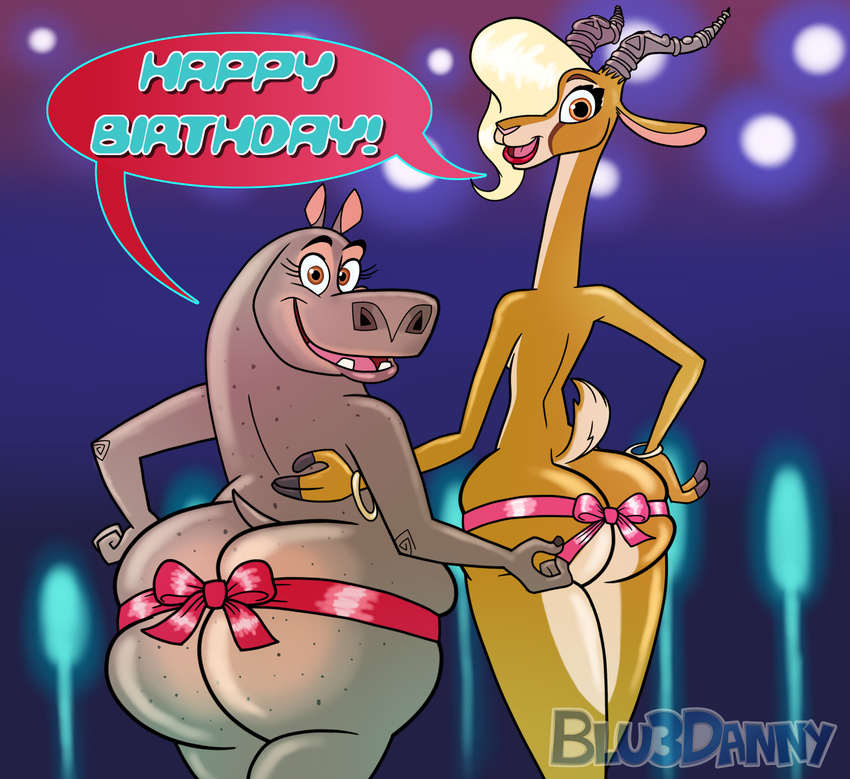 2016 antelope big_butt blonde_hair blu3danny bow breasts brown_eyes butt disney dreamworks freckles gazelle gazelle_(zootopia) gloria_(madagascar) hair hippopotamus hoops horn huge_butt madagascar mammal overweight under_boob wide_hips zootopia