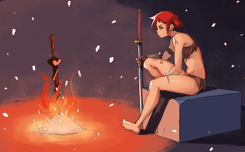 bandeau barefoot dark_souls_3 dark_souls_iii feet fire from_software green_eyes navel pelvic_curtain red_hair scabbard scar sitting solo souls_(from_software) stomach sword unkindled_(dark_souls_3) vins-mousseux