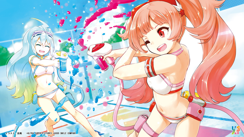 2girls :d ;d ^_^ ahoge aqua_hair artist_name bare_shoulders barefoot bikini breasts closed_eyes company_name empty_pool end_card eyes_closed gradient_hair highres holster long_hair multicolored_hair multiple_girls nagian navel one_eye_closed open_mouth paintball red_eyes red_hair small_breasts smile sumako_(ultra_super_anime_time) supika_(ultra_super_anime_time) swimsuit thigh_holster thigh_strap ultra_super_anime_time wallpaper water_gun