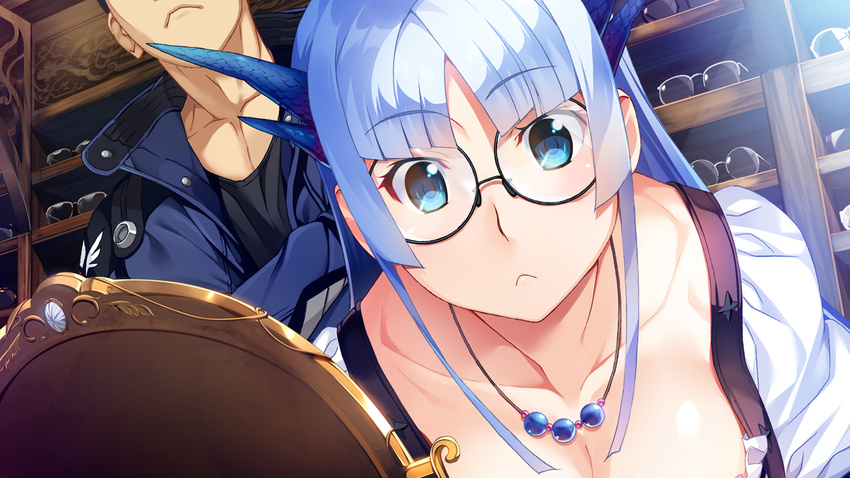 1girl :&lt; black-framed_glasses blue_eyes blue_hair blush cleavage collarbone eyebrows eyebrows_visible_through_hair fumio_(ura_fmo) game_cg glasses hatsuru_koto_naki_mirai_yori highres indoors jacket leaning_forward long_hair looking_at_viewer mirror necklace serious short_sleeves solo_focus standing yukikaze_geneblood