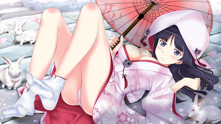 black_hair breasts bunny cleavage edogawakid feet gokou_ruri highres hime_cut hood japanese_clothes kimono long_hair miko mole no_shoes ore_no_imouto_ga_konna_ni_kawaii_wake_ga_nai oriental_umbrella panties pantyshot pov_feet purple_eyes socks solo tabi uchikake umbrella underwear