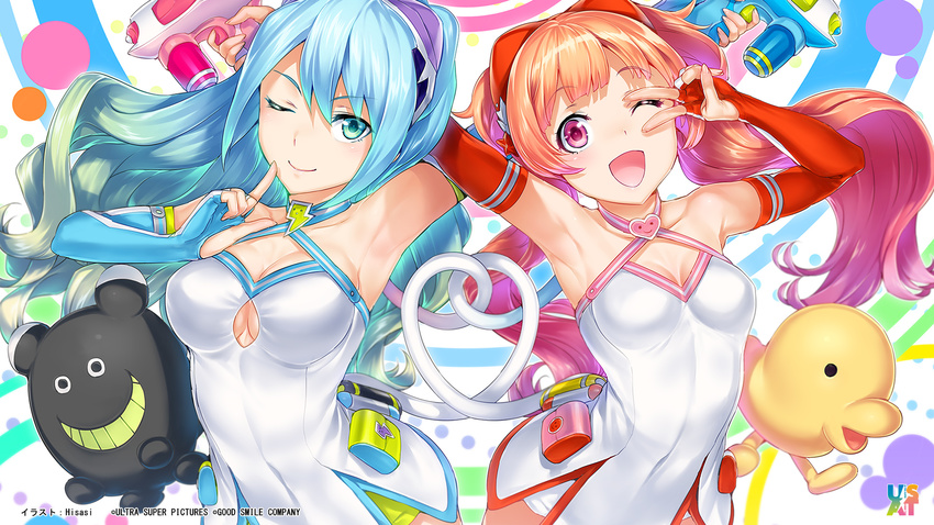 2girls ;) ;d aqua_gloves aqua_hair artist_name breasts cleavage company_name covered_navel criss-cross_halter end_card finger_to_mouth fingerless_gloves gloves gradient_hair green_hair halter_top halterneck heart highres hisashi_(nekoman) lightning_bolt long_hair multicolored_hair multiple_girls one_eye_closed open_mouth red_eyes red_gloves red_hair smile sumako_(ultra_super_anime_time) supika_(ultra_super_anime_time) twintails ultra_super_anime_time underboob underboob_cutout v_over_eye wallpaper water_gun wavy_hair