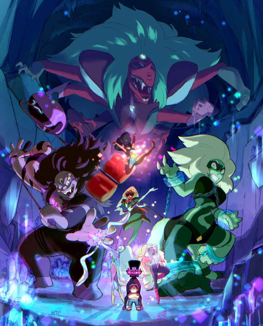 1boy 6+girls alexandrite_(steven_universe) cartoon_network everyone extra_arms extra_eyes fangs forehead_jewel garnet_(steven_universe) giantess gyosone hammer malachite_(steven_universe) messy_hair monster_girl multiple_girls opal_(steven_universe) rainbow_quartz sardonyx_(steven_universe) steven_quartz_universe steven_universe stevonnie_(steven_universe) sugilite_(steven_universe) sunglasses very_long_hair