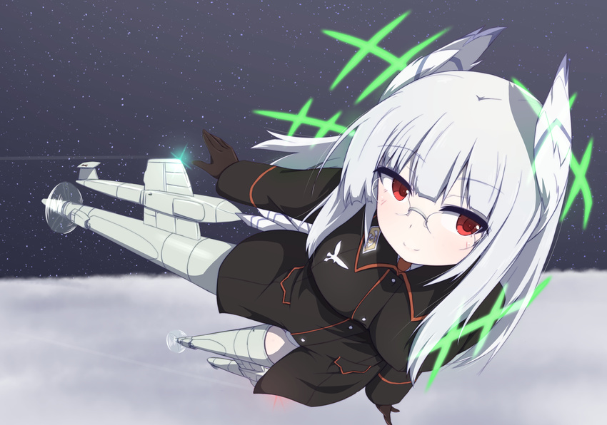 1girl bird_tail cloud flying giorgio_claes glasses gloves head_wings heidimarie_w_schnaufer highres hirschgeweih_antennas long_hair looking_at_viewer military military_uniform night night_sky panties red_eyes silver_hair sky smile solo strike_witches striker_unit underwear uniform white_panties