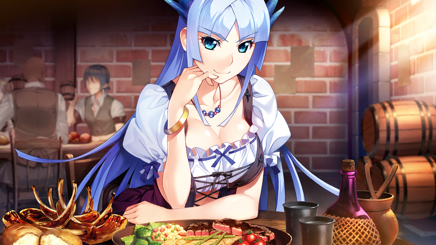 1girl barrel blue_eyes blue_hair bottle bracelet bread breasts chair cleavage dress eyebrows eyebrows_visible_through_hair food fumio_(ura_fmo) game_cg hand_on_own_cheek hatsuru_koto_naki_mirai_yori highres indoors large_breasts long_hair looking_at_viewer public restaurant sitting smile sunlight table yukikaze_geneblood